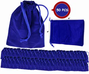Blue Velvet 50 Pcs 4 x 6 Inch Drawstring Bags - Small Jewelry Pouches, Gift Bags for Earrings, Watches, Rings, Small Jewelry , Ornaments Storage Pouch