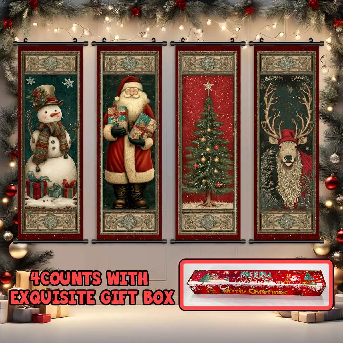 4-Piece Christmas Wall Art Set, Vintage Holiday Posters, Waterproof HD Prints, Perfect Gift Box Packaging, Home Decor Essentials