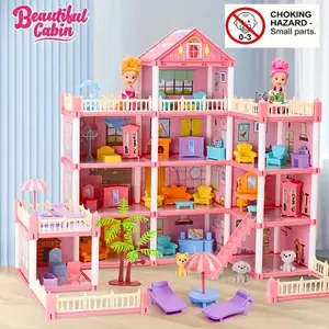 Dreamy Princess Castle Villa Set, Kids Girls Role Play Glow Toy Dress Up Dolls, 11-Room DIY Puzzle Princess House, Educational Building Kit