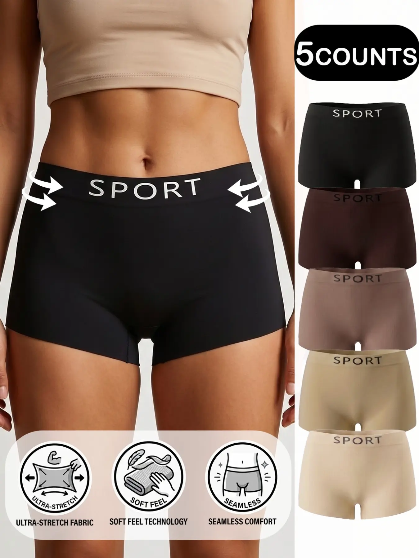 5-Pack Mid-Waist Seamless Boxer Shorts, Breathable Fitted Shorts, Comfortable and Active, Ideal for Daily Wear, Fitness, Yoga, All Seasons