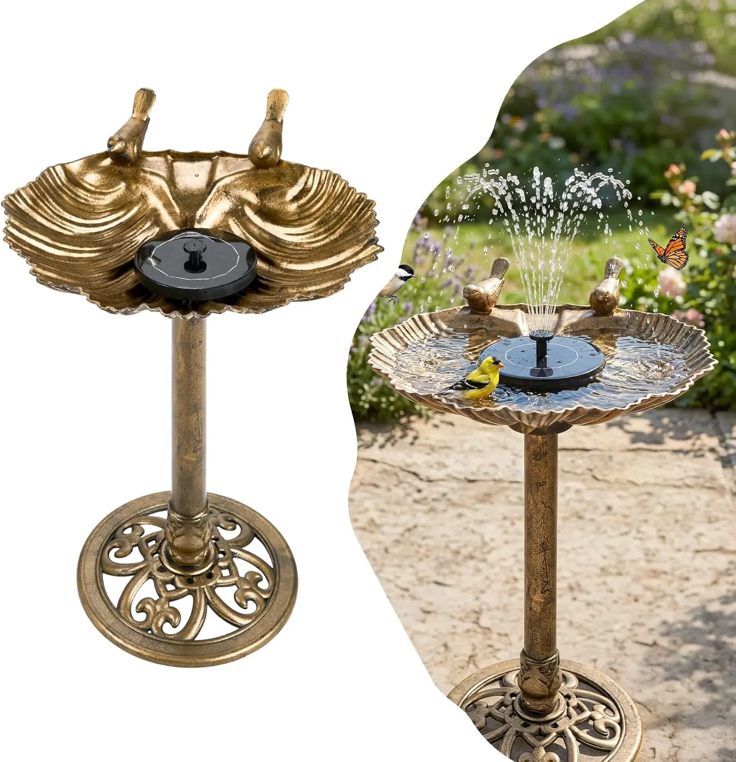 VINGLI Copper Resin Pedestal Bird Bath with Solar Pump - Weather-Resistant, Vintage Finish, Floral Accents, European Lines, Sturdy Base, Lightweight Outdoor Garden Decor, Frost Resistant, 25 Second Assembly Time, Clean Visual Treat (Bird Supplies)