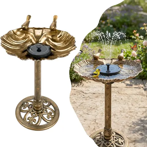 VINGLI Copper Resin Pedestal Bird Bath with Solar Pump - Antique Look Bronzed Patina, European Lines, Floral Accents, Sturdy Sand/Rock Anchoring Base, Weather/Frost-Resistant, Lightweight, 25-Sec Assembly, Outdoor Garden Bird Supplies Decor