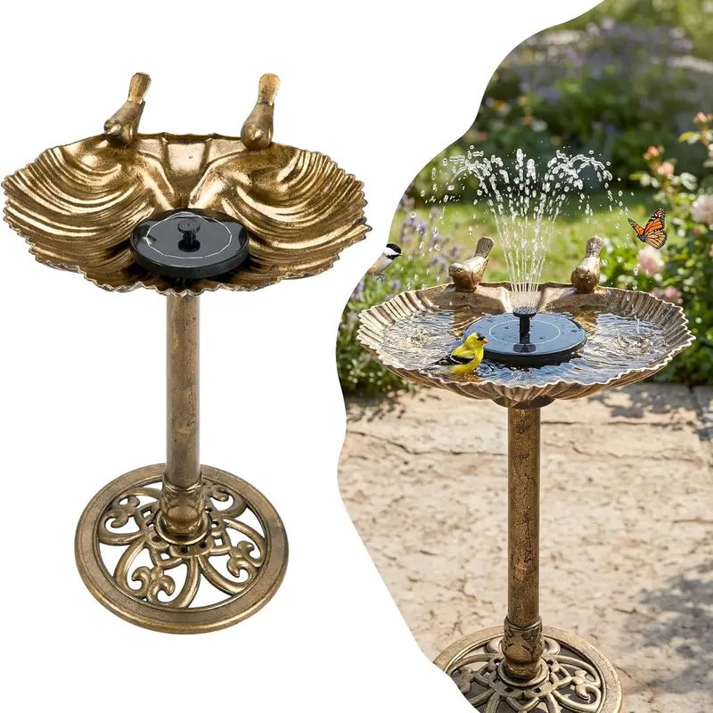 VINGLI Copper Resin Pedestal Bird Bath with Solar Pump - Antique Look Bronzed Patina, European Lines, Floral Accents, Sturdy Sand/Rock Anchoring Base, Weather/Frost-Resistant, Lightweight, 25-Sec Assembly, Outdoor Garden Bird Supplies Decor