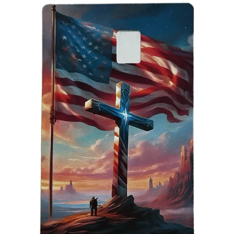 American Flag Patriotic Cross Credit Card Skin Sticker - 2x3 in Sunset Art, Waterproof, Fade-Resistant, Durable Crafts Accessory with Protective Wall Sleeve