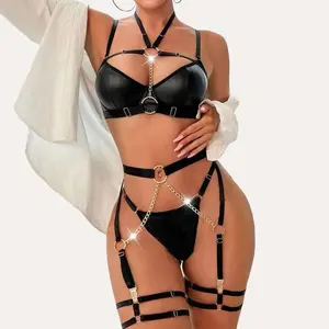 Avidlove Lingerie Set for Women Strappy 5 Piece Lingerie Garter with Underwire Push Up Bra and Chain