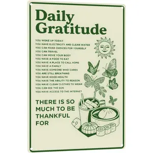 Daily Gratitude Metal Tin Sign - Inspirational Boho Wall Decor for Home, Kitchen, Bedroom, Office or Café - Green Aesthetic 8x12 Inch