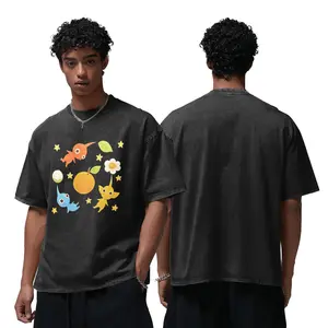 Men's Casual Colorful Pikmin Graphic Menswear T-Shirt, Retro Washed Black Round Neck Short-Sleeve Gaming Tee