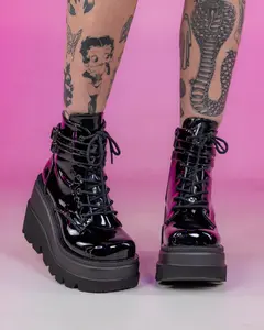 Demonia Black Patent Stacked Platform Ankle Boots