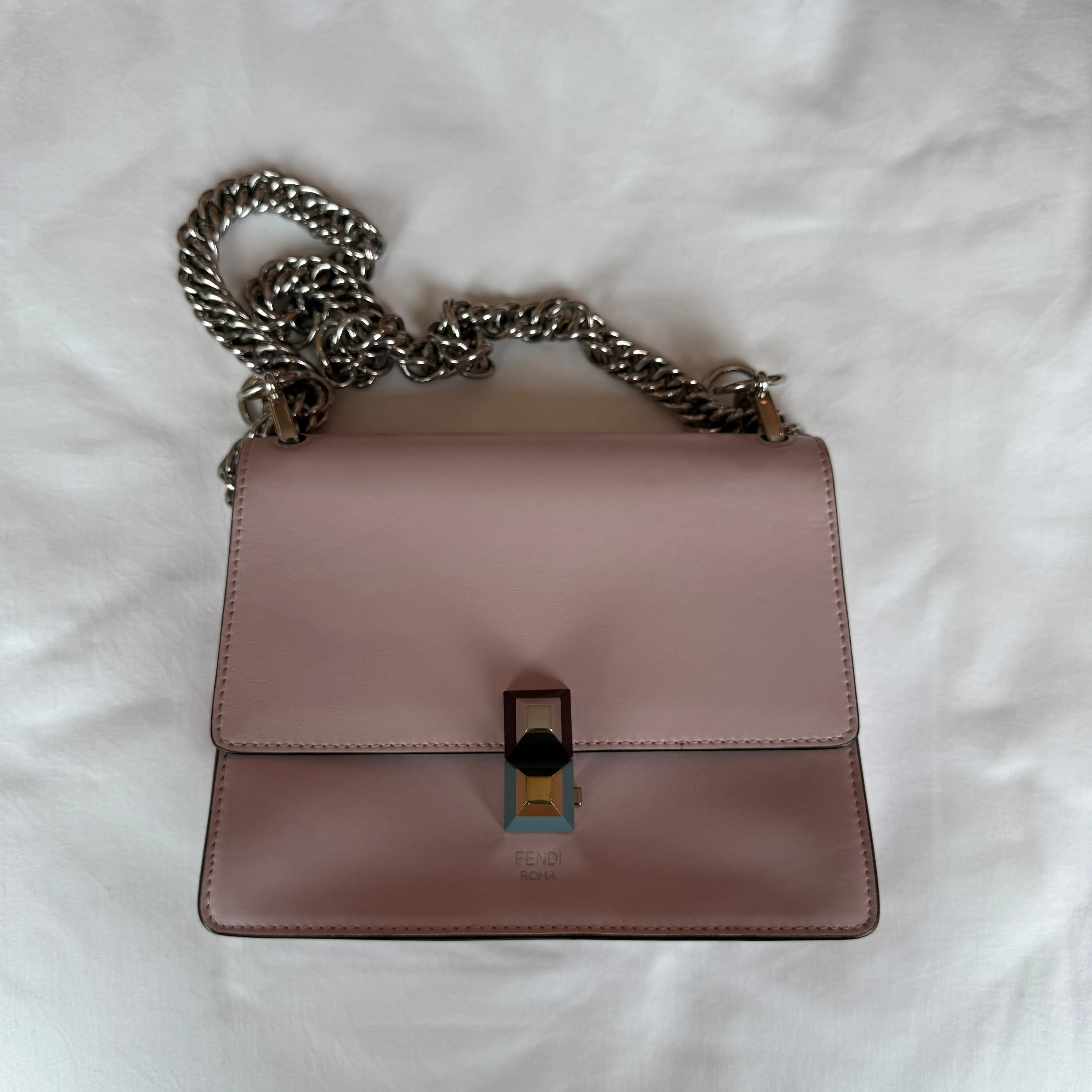 Pre-owned FENDI Kan I Small Light Pink Smooth Leather Multicolor Turn Lock Silver Chain Flap Shoulder Crossbody Bag