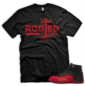Unisex T-shirt to match Jordan 12 Flu Game Black & Varsity Red - ROOTED. 100% Cotton for Casual Wear. Comfortable Summer Unisex T-Shirt to match Jordan Sneaker. Streetwear Style. urban outfitters