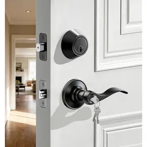 Keyed Alike Front Door Handle Lock with Single Cylinder Deadbolt Combination Set, Exterior Entry Door Locksets with Deadbolt, Wave Zinc Alloy Style Lever Keyed Entry Lock, Matte Black