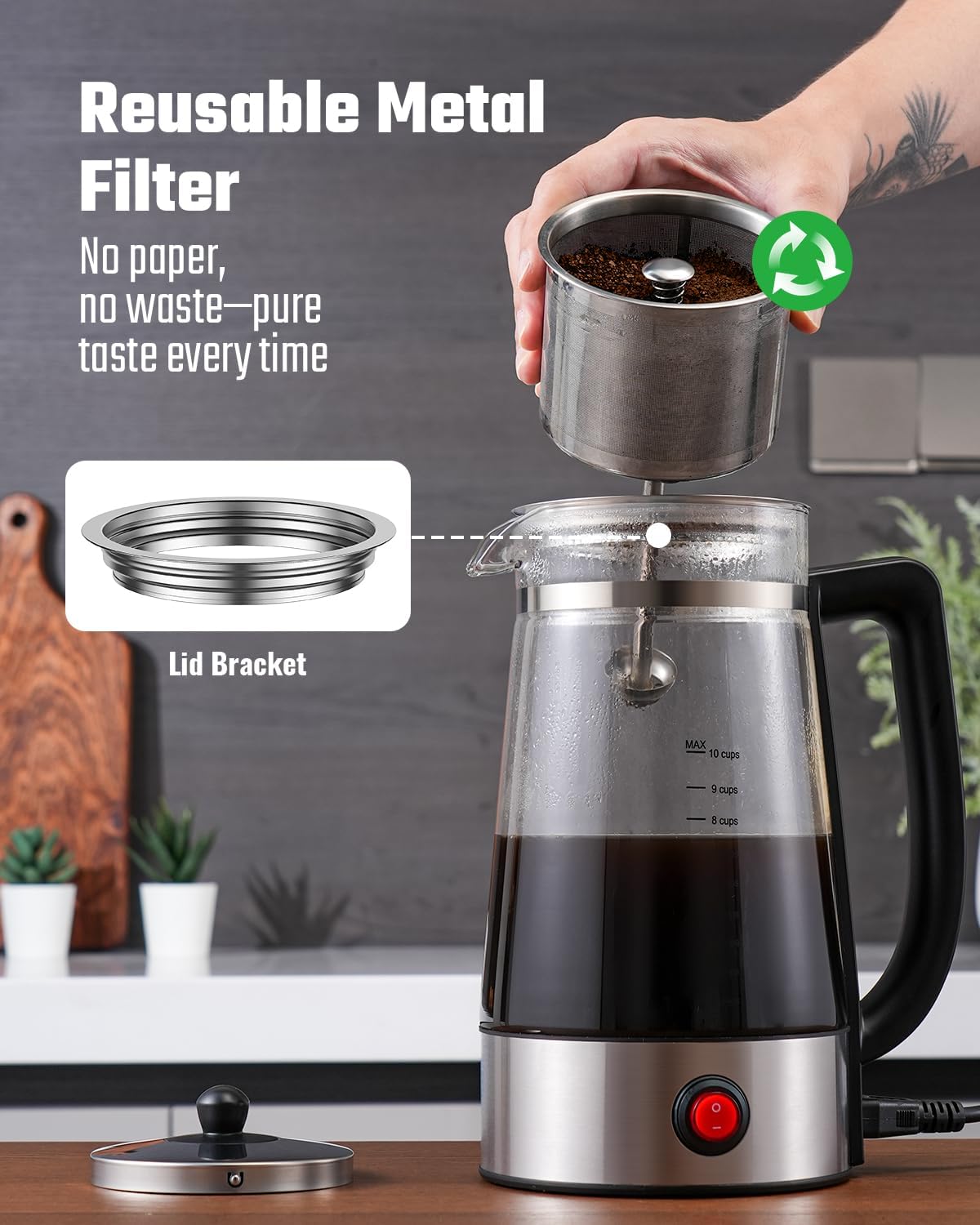 KIDISLE 10-Cup Plug Powered Filtered Stovetop Electric Percolator Coffee Brewer - Borosilicate Glass Carafe, Stainless Steel Filter Basket, Lid, 1000W, 9-11 Cups Capacity, Auto Keep-Warm Cycle, Food-Grade Materials, Visual Control Over Brewing Cycle