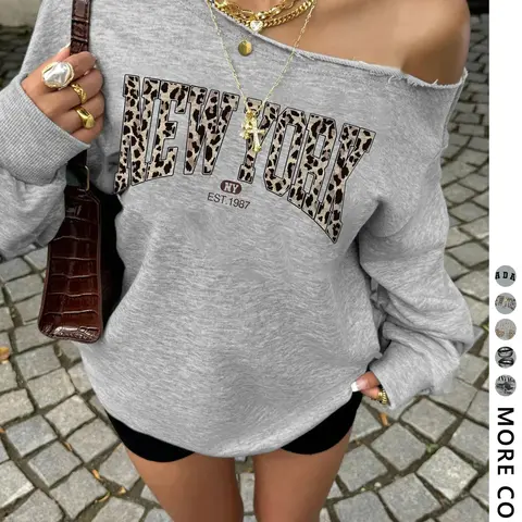 Women's Off-Shoulder Fitted Pullover Sweatshirt, Long Sleeve, Street Style Casual Hip Hop Rapper Dance Biker School Fashion, Leopard Print Letter Design, Graphic Print Pullover, Graphic Sweatshirts, Womenswear, Lady