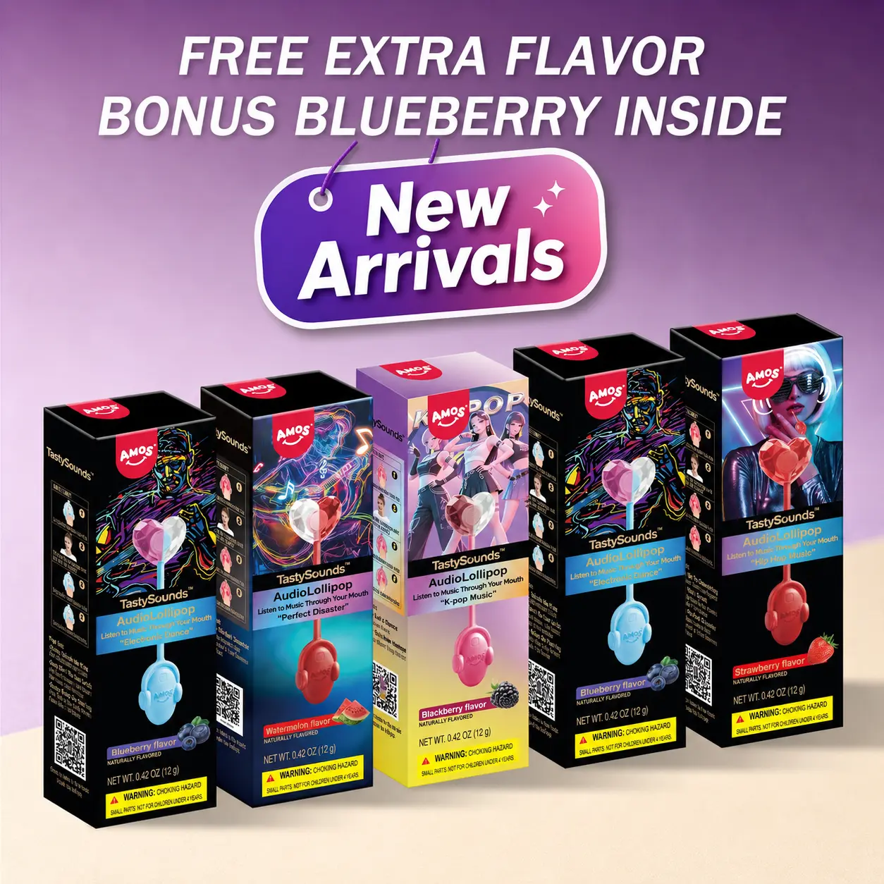 Amos TastySounds Music Lollipops – Easter 35% Off | Heart-shaped, Sugar-free Audio Candies with Bone Conduction Tech | K-pop Vibe | Strawberry, Blueberry, Watermelon, Blackberry