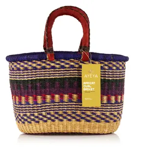 Ayéya Handwoven African Grass Basket, Oval Style- flat bottom with 2 handles Fair Trade