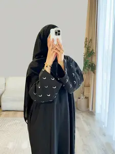 z1006（1-Piece Black Abaya with White Moon Print Cuffs, Casual Modest Muslim Long Dress）