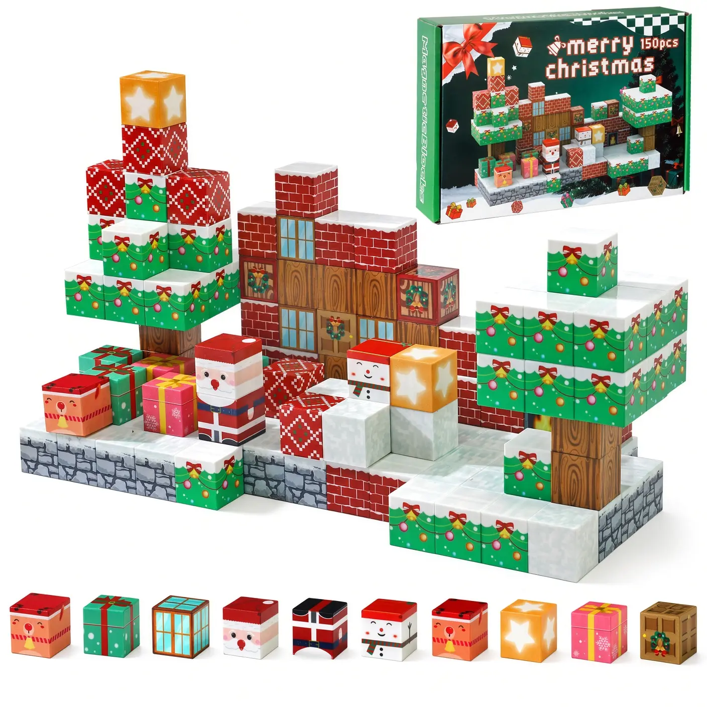 150 Pcs Christmas Magnetic Blocks Set, 3D Pixel Magnetic Building Cubes with Santa & Holiday Tree, Construction Sensory Stacking Bricks Playset