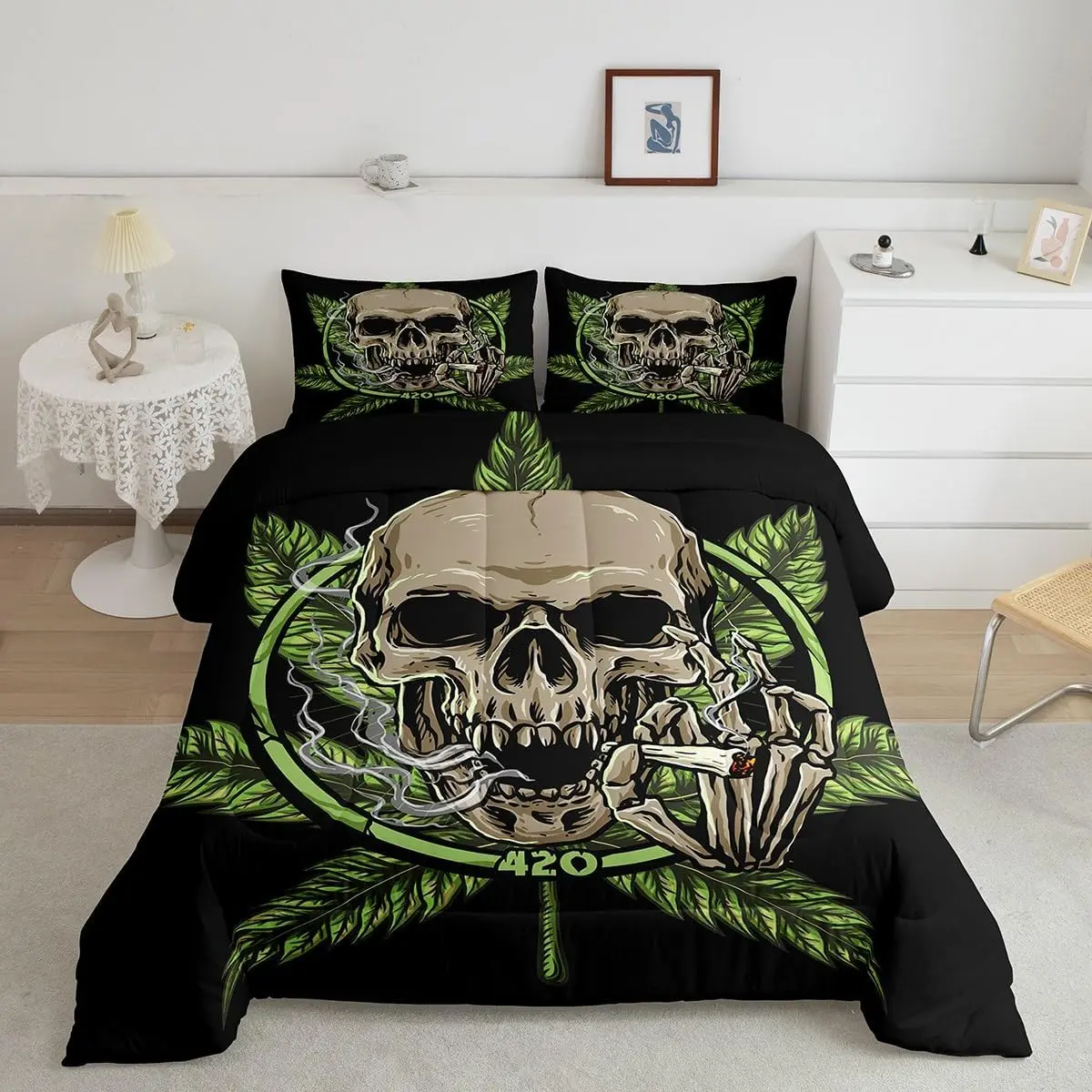 Feelyou Multi-Size Microfiber Decorative Bedding Set - Breathable Duvet Comforter Set with Leaf, Sugar Skull, Skeleton Bones Motifs, Themed for Adults, Indoor Use, Breathable Duvet Set