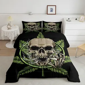Marijuana Leaves Comforter Sets,Sugar Skull Bedding Set,Cannabis Leaves Weed Duvet Set,Adult,Skeleton Bones Bedding Comforter