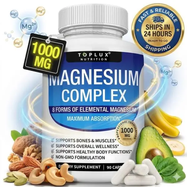 Toplux Magnesium Complex 1000mg - 8 Forms of Elemental Magnesium for Maximum Absorption - 90 Capsules Non-GMO