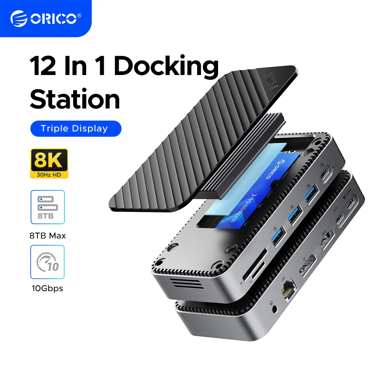 ORICO 12-in-1 USB C Hub with m.2 ssd Enclosure, USB C Docking Station Dual Monitor HDMI DP 8K@30Hz/4K@60Hz, 10Gbps USB, Gigabit Ethernet, 100W PD, SD TF Reader for Mac & Windows Laptops-M2P11