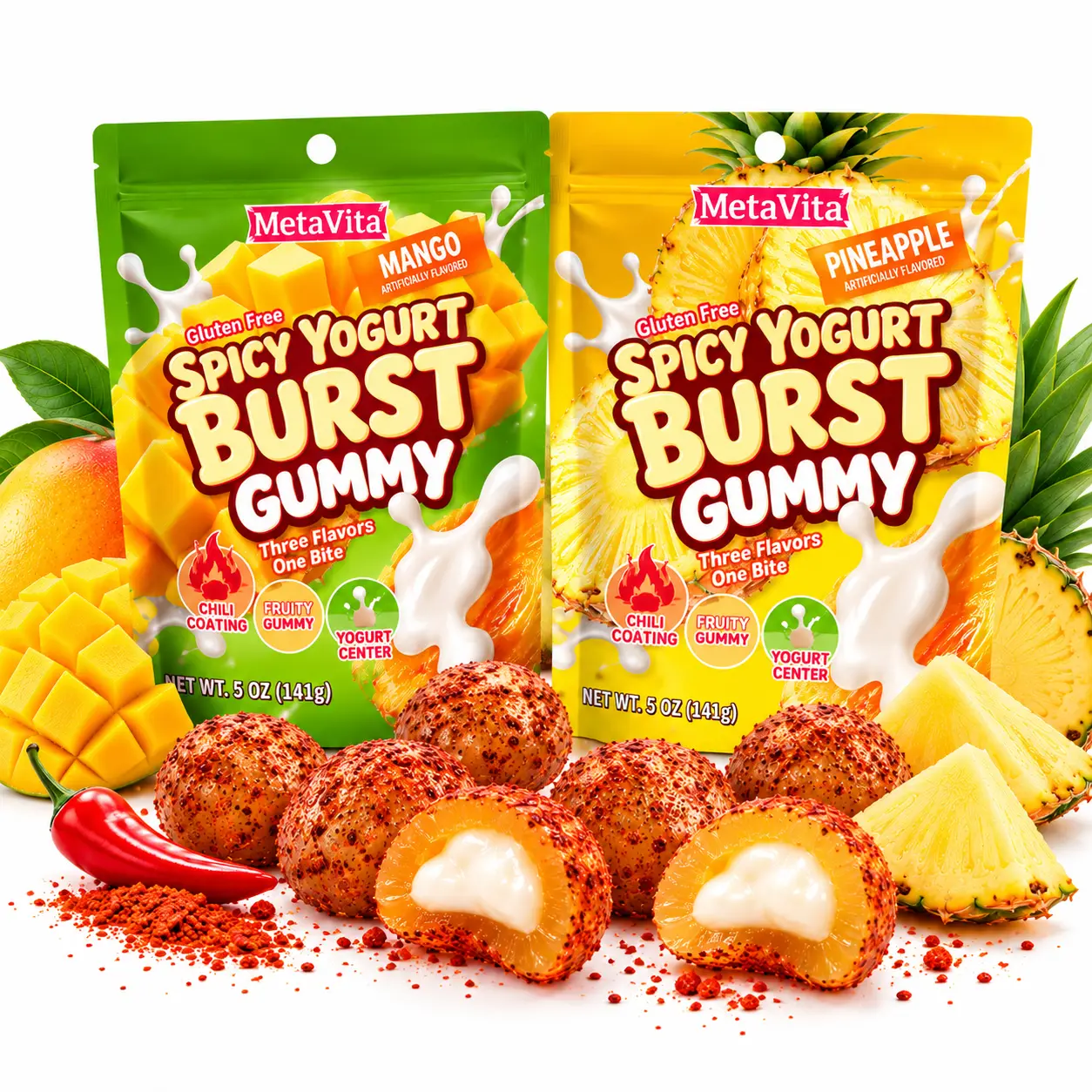 MetaVita Spicy Yogurt Burst Gummy – Mango & Pineapple, Chili Coated Fruity Gummies with Yogurt Center, Gluten Free, 5 OZ (141g)