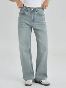 Women's Minimalist Mid-Rise Denim Dart Seam Wide Leg Jeans, Womenswear Simple Style Casual Multi-Pocket Trousers, Soft Daily Outfit, Inseam 75cm/29.5in, Chic