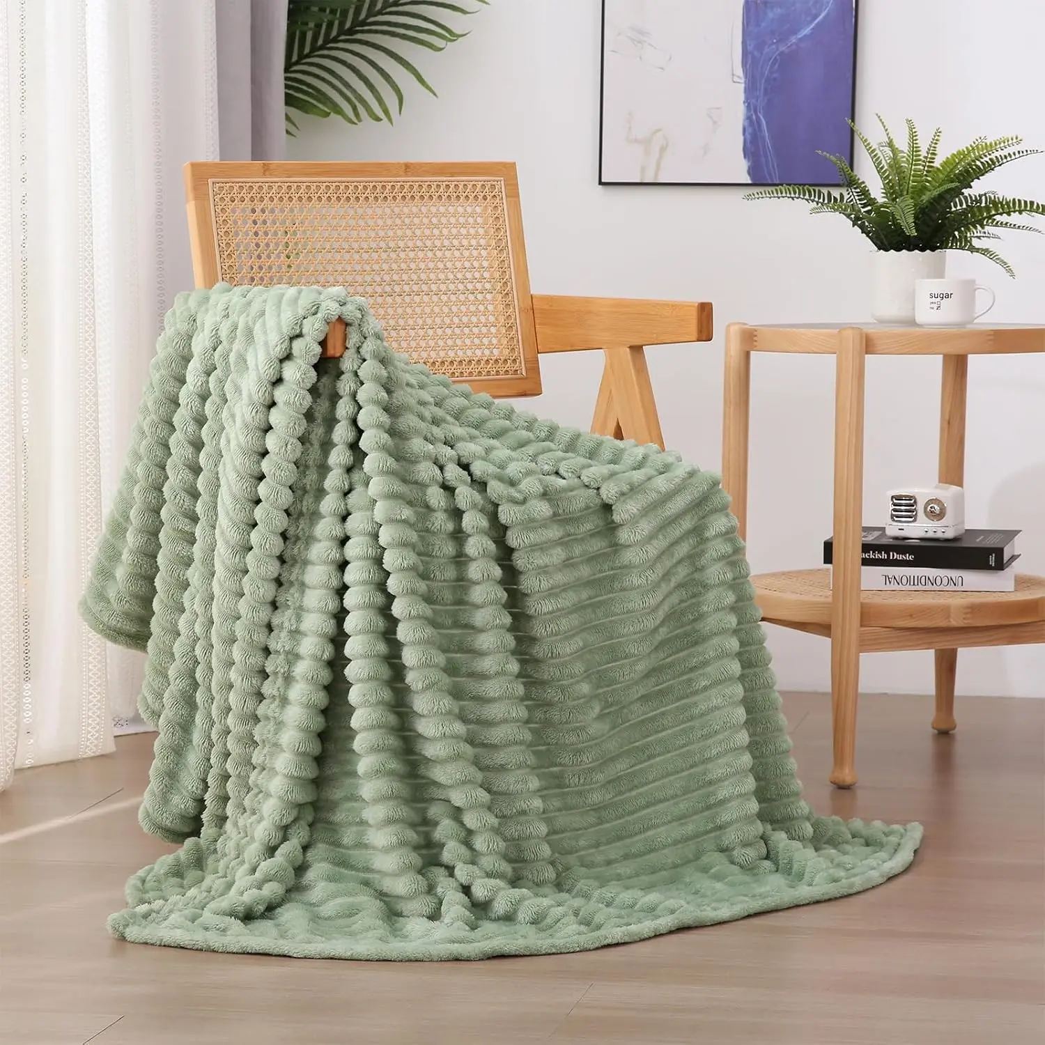 Sage Green Fleece Throw Blanket 50”×60” for Couch Sofa Livingroom Super Soft Cozy Plush Microfiber Flannel Bed Blanket Striped Design Lightweight Home Decor Gifts for Adults Mom Women