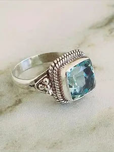 Vintage Elegant Synthetic Aquamarine Blue Cubic Zirconia Ring Charm Women Silvery Birthstone Ring Wedding Engagement Proposal Promise Ring Marquise Cut Ring