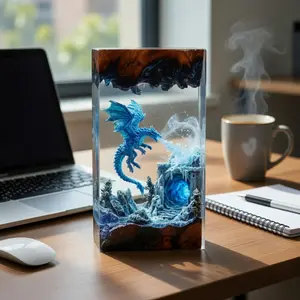 3D Ice Dragon Resin Sculpture Frozen Castle Diorama Fantasy Wood Resin Block Home Decor Gothic Art Piece Desk Shelf Decoration Unique Gift for Dragon Lovers