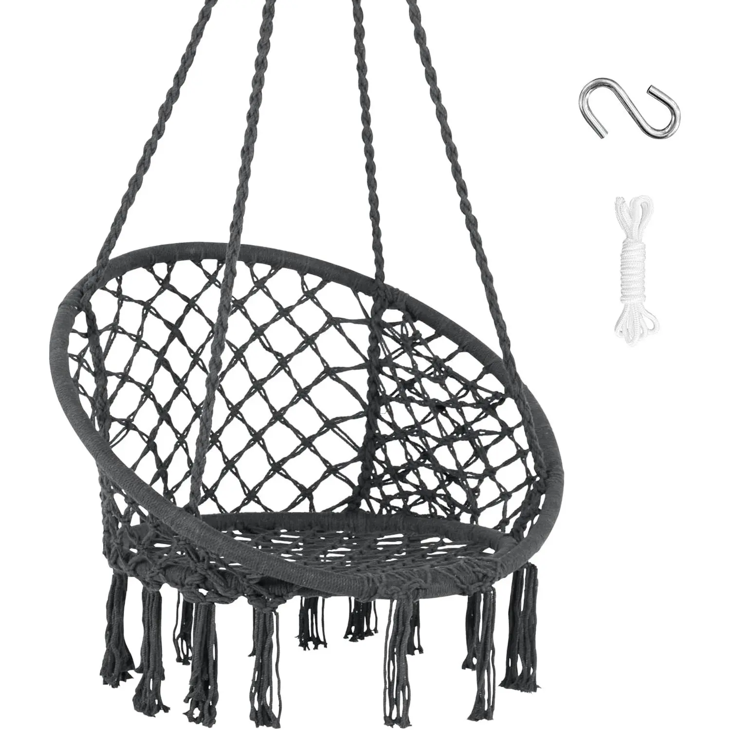 Hammock Chair Hanging Macrame Swing with Hardware Kits, Max 330 Lbs, Handmade Knitted Mesh Rope Swing Chair for Indoor, Outdoor, Bedroom, Patio, Yard, Deck, Garden, Grey