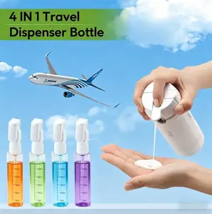 4-in-1 Travel Dispenser Bottle, Leak-Proof Refillable Silicone Squeeze Container with Lock,  Plastic Travel Friendly Compact Design for Easy Carrying