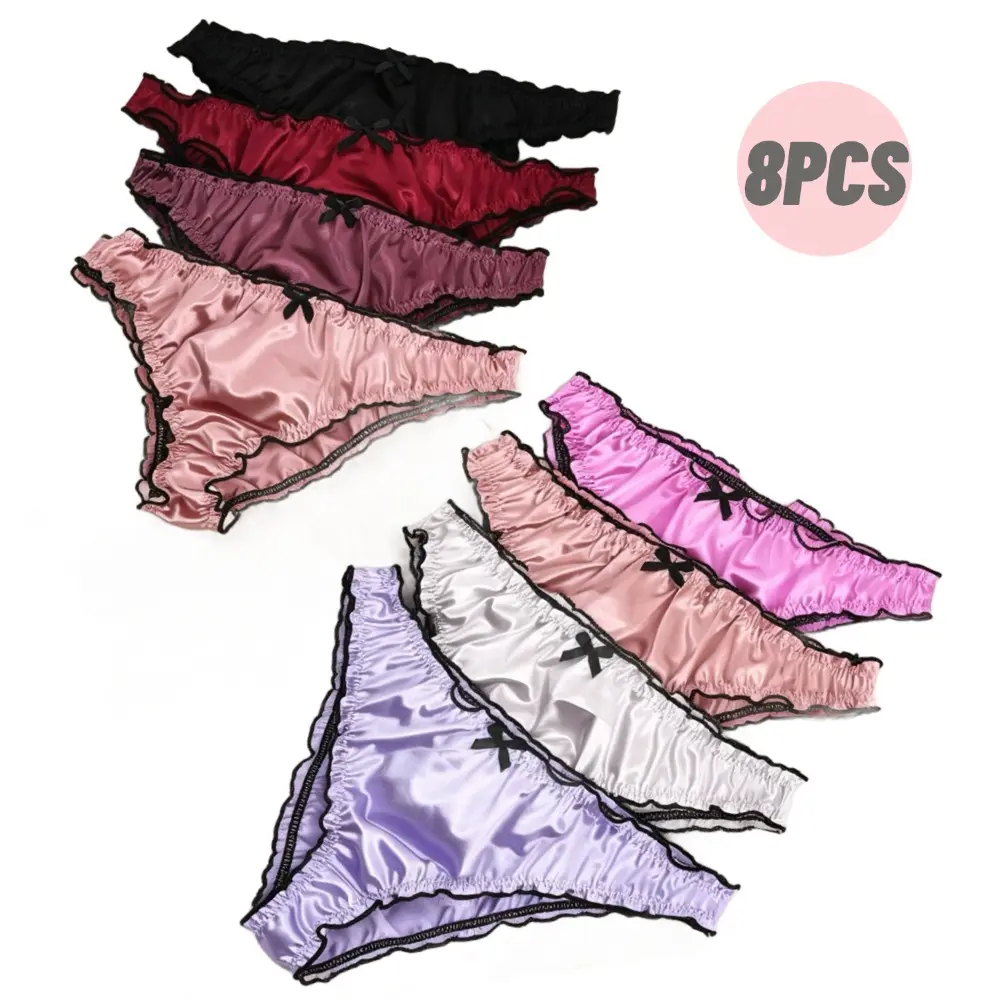 Women's 8-Pack Low Rise Feminine Satin Lingerie Panties - Silky Soft Comfy Panty, Breathable, Skin-Friendly Briefs with Elastic Waist, Ruffled Trim, Everyday Fit, S-XL Sizes, Elegant Summer Womenswear