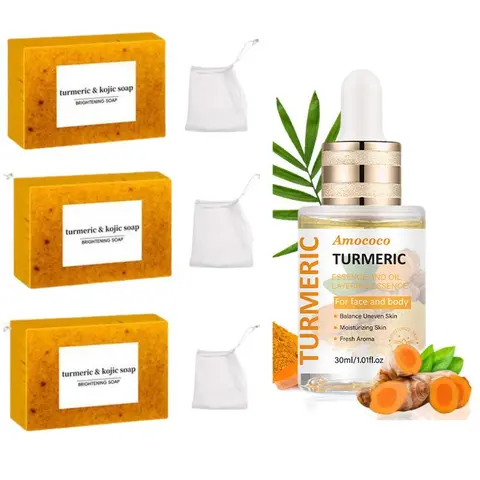 Women's Turmeric Kojic Acid Daily Care Body Care Set (1 Set) - Gentle Cleansing Soap Cleanser, Nourishing Treatment Oil, Hydrating Formula, Full Routine, No Harsh Additives, Prevents Tight Skin, Radiant Stick-Inclusive Kit