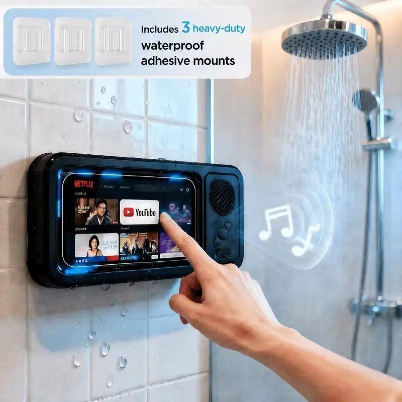Shower Speaker, 2026 New Shower Phone Holder, Wireless Wireless Speaker - IPX6 Rating, 360-Degree Rotating Visible Shower Phone Mount, Suitable for Bathroom Tubs, Kitchen Walls, Mirrors, And All 4-6.8-Inch Phones