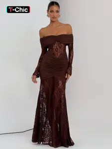 Women Spring Autumn Sexy Elegant Long Sleeve Party Club Evening Lace See Through Bodycon Long Dress Elegant Chic Gown