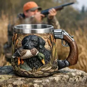 3D Hunting Dog with Duck Scene Mug |   Stainless Steel with Shotgun Handle, Reusable Novelty Coffee Mug, Home Decor for Hunters