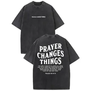 Prayer Changes Everything Vintage Washed High-Quality Patterned T-Shirt Men's T-Shirt Vintage Summer Clothing Drop Shoulder Sleeves Round Neck Top Short Sleeve