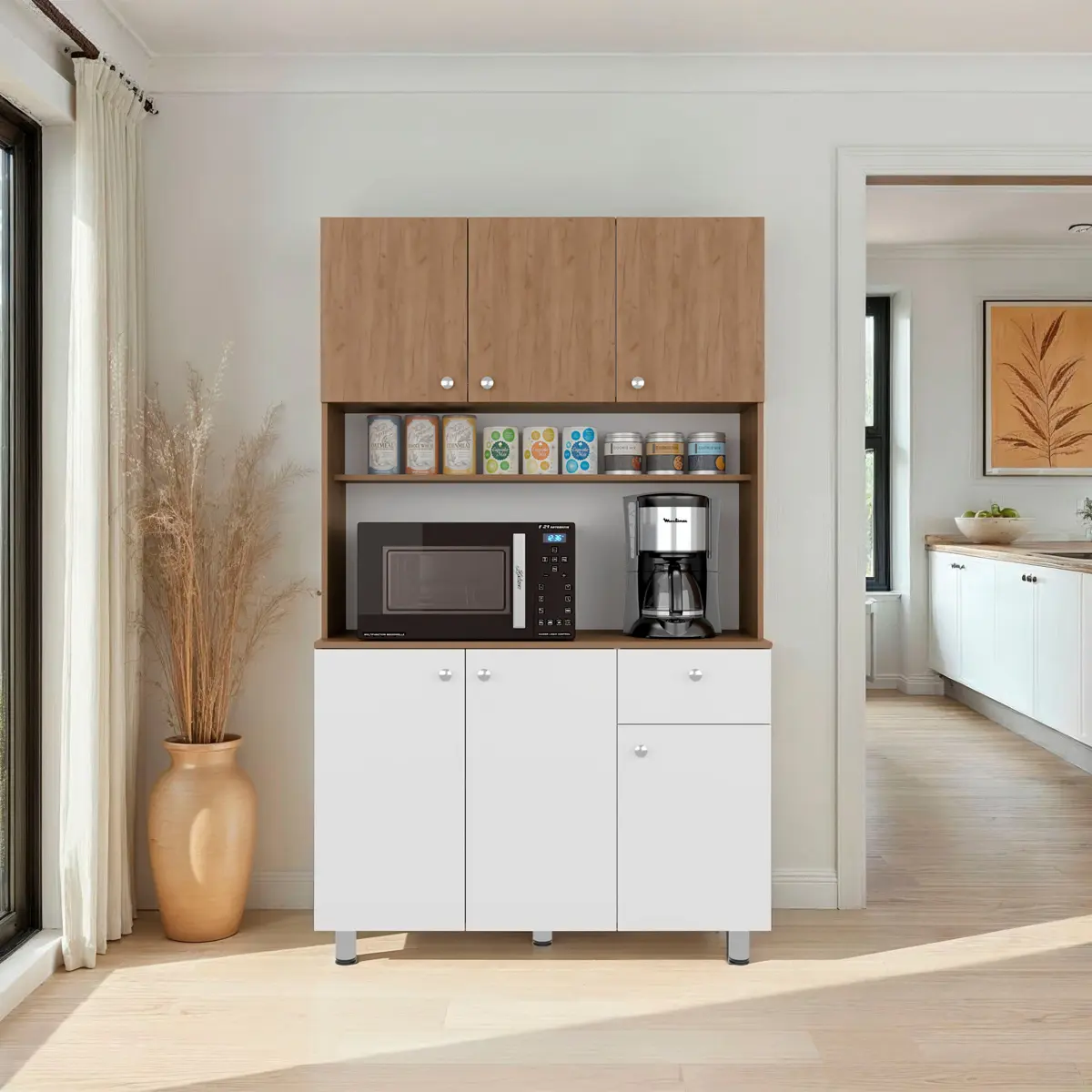 Modern White and Natural Oak 6-Door Kitchen Storage Cabinet with Drawers, Particle Board Indoor Furniture Cupboard with Microwave Shelf, 133.00 lbs