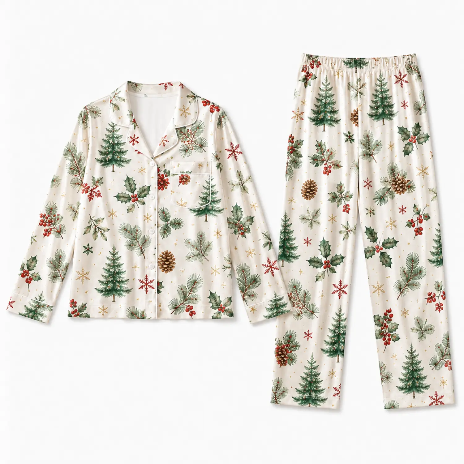 Women's Christmas Tree and Holly Print Button-Front Long Sleeve Pajama Set, Cozy Autumn Winter Sleepwear Loungewear