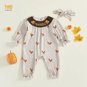 Newborn Baby Girls Plaid Bubble Romper Thanksgiving Turkey Embroidery Long Sleeve Jumpsuit with Headband