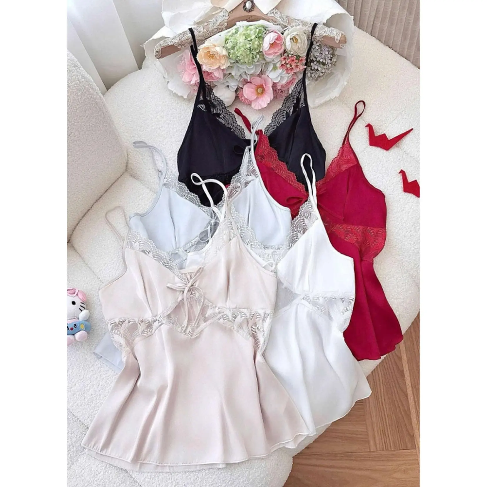 Elegant Lace Camisole Set in Black, White, and Red - Perfect for Layering and Everyday Wear