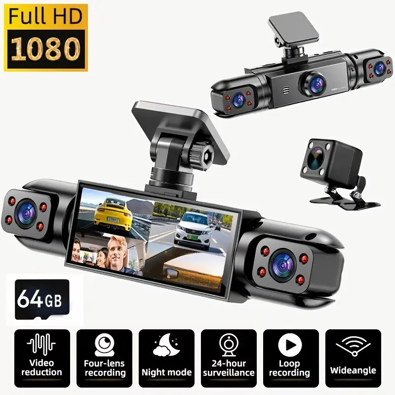 4 Channel Dash Camera for Car with  Free 64GB Memory Card- 1080P HD Front Rear Left Right Channels Coverage Car DVR Recorder. Quality Night Vision,Loop Recording,Easy Installation
