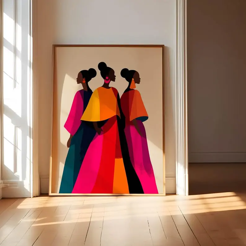 Unframed African American Black Woman Illustration Print - Long-Lasting High-Quality Ink, Vintage Geometric Hand-Designed Artwork, Tape-Installable Unframed Painting Photo, Modern Home Decor for Living Spaces