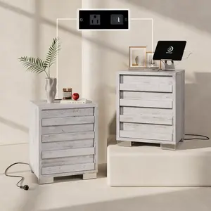 AMERLIFE Nightstand Set of 2 with Charging Station, Farmhouse Side Table with Slated Handles, End Bedside Table with Stainless Steel Feet