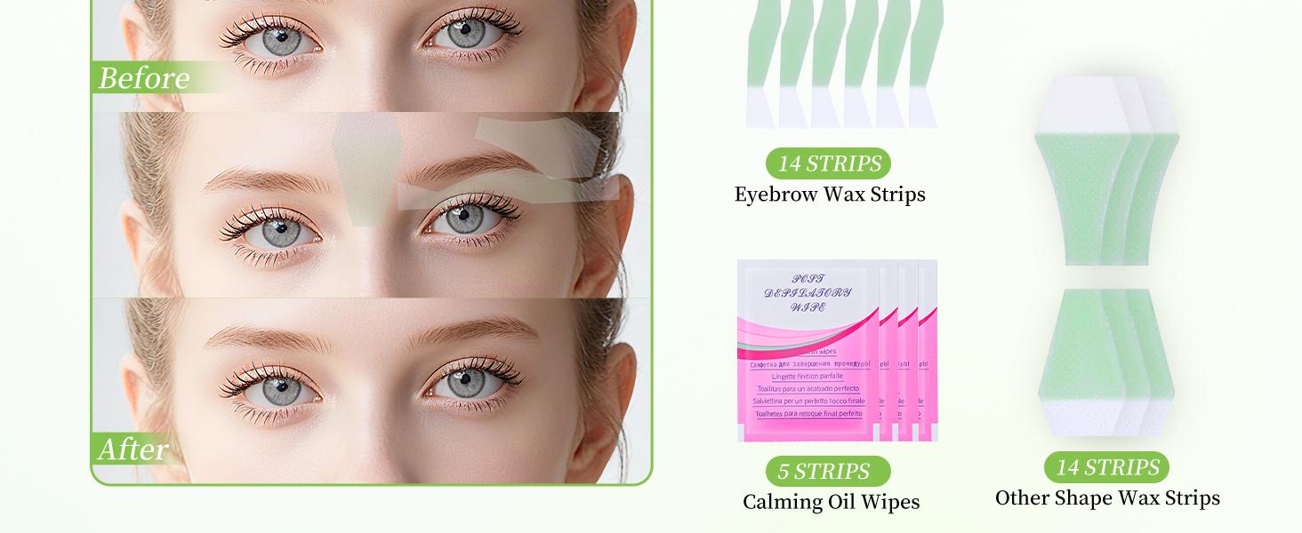 Eyebrow Wax Strips - 56-Strip Eyebrow & Upper Lip Hair Remover with 4 Soothing Wipes | Natural Beeswax Formula | Painless At-Home Hair Removal for Women & Sensitive Skin | Lasts 6 Weeks
