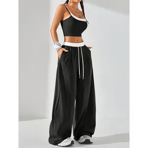 [Stretchy Polyester Blend Joggers] Women's Casual Summer Sportswear Set - Colorblock Knit Cami Top & Drawstring Joggers, Stretchy Polyester Blend, Machine Washable