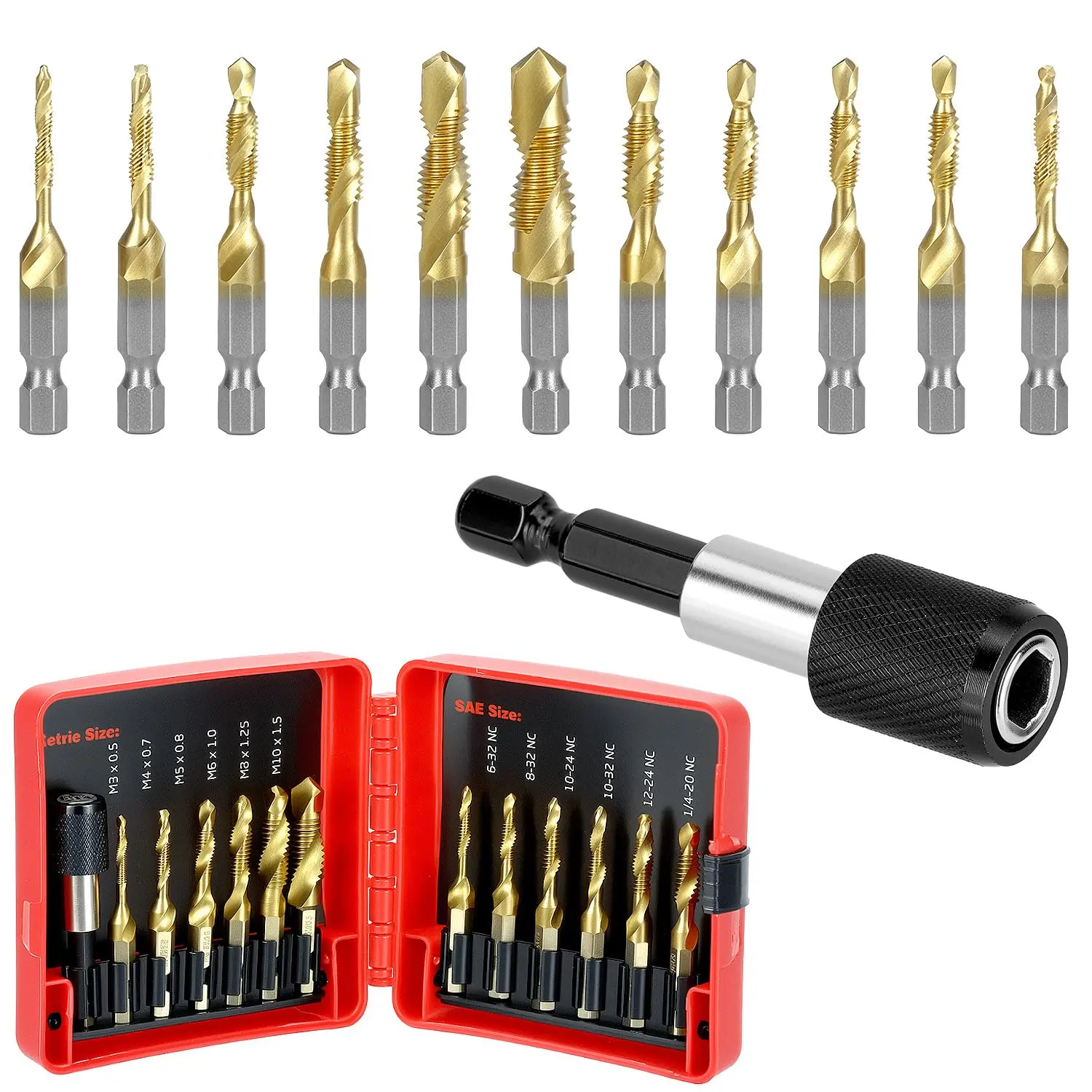 13pcs 3-in-1 Drill Tap Bit Set - Tap, Countersink & Chamfering in 1 Step, SAE & Metric Chamfering Drill Bit Sets with 1/4" Hex Quick-Change Adapter, 1/4-20 NC & 6-32 NC Compatibility for Automotive Repair, DIY Builds