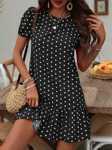 Polka Dot Bubble Sleeve Dress with Ruffled Hem - Chic Party & New Year Outfit