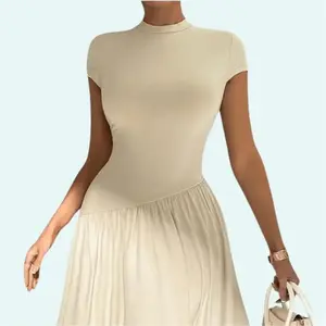 Women's Summer Maxi Dress Modest Mock Neck Cap Sleeve A Line Flowy Elegant Long Dresses for Casual & Semi Formal Events